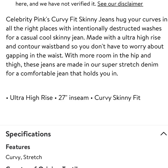 NWT Celebrity Pink Women’s Curvy Push Up Skinny Sz 3 / 26 / Raw Bottom Hem - Picture 16 of 16